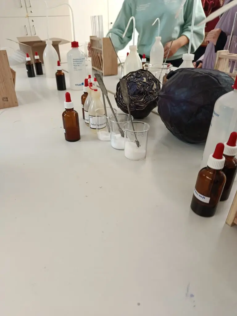 Laborgeräte und Flaschen auf einem Tisch im Fachbereich Chemie