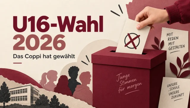 Illustration zur U16-Wahl 2026 am Coppi-Gymnasium: Eine Hand wirft einen Stimmzettel in eine bordeauxrote Wahlurne.